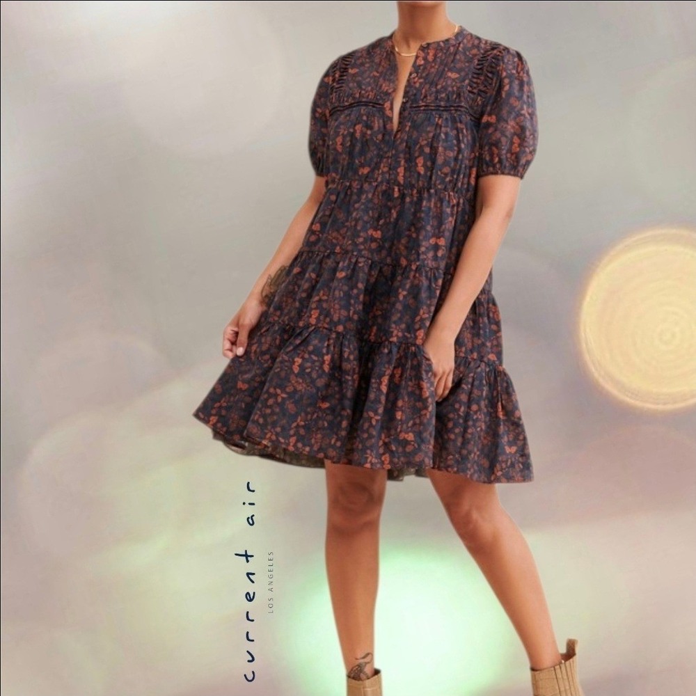Anthro Current Air Womens Floral Tiered Pintuck Mini Dress Blue Orange 2090156 M